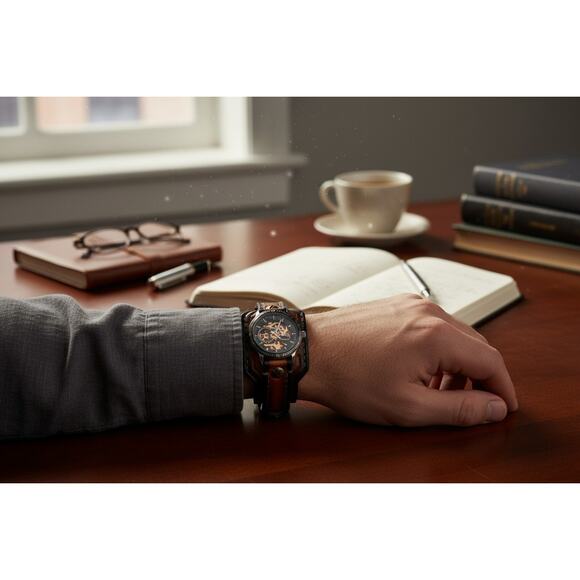 Winner Mechanical Skeleton Watch-Wide Leather Cuff Band-Steampunk-Mens-Gothic - Picture 2 of 8